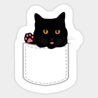 Cute black cat looks out of pocket and shows paw Sticker
